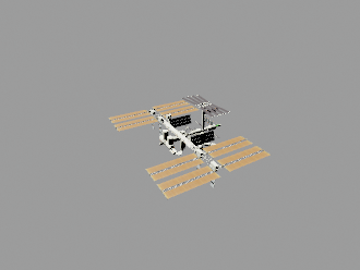 3D model of the International Space Station. In view are the station's sixteen paired red-coloured main solar array wings, eight on either side of the station, mounted to a central integrated truss structure. Spaced along the truss are ten white radiators. Mounted to the base of the two rightmost main solar arrays pairs, there are two smaller paired light brown-coloured ISS Roll-out Solar Arrays. Attached to the centre of the truss is a cluster of pressurised modules arranged in an elongated T shape. A set of solar arrays are mounted to the module at the aft end of the cluster.